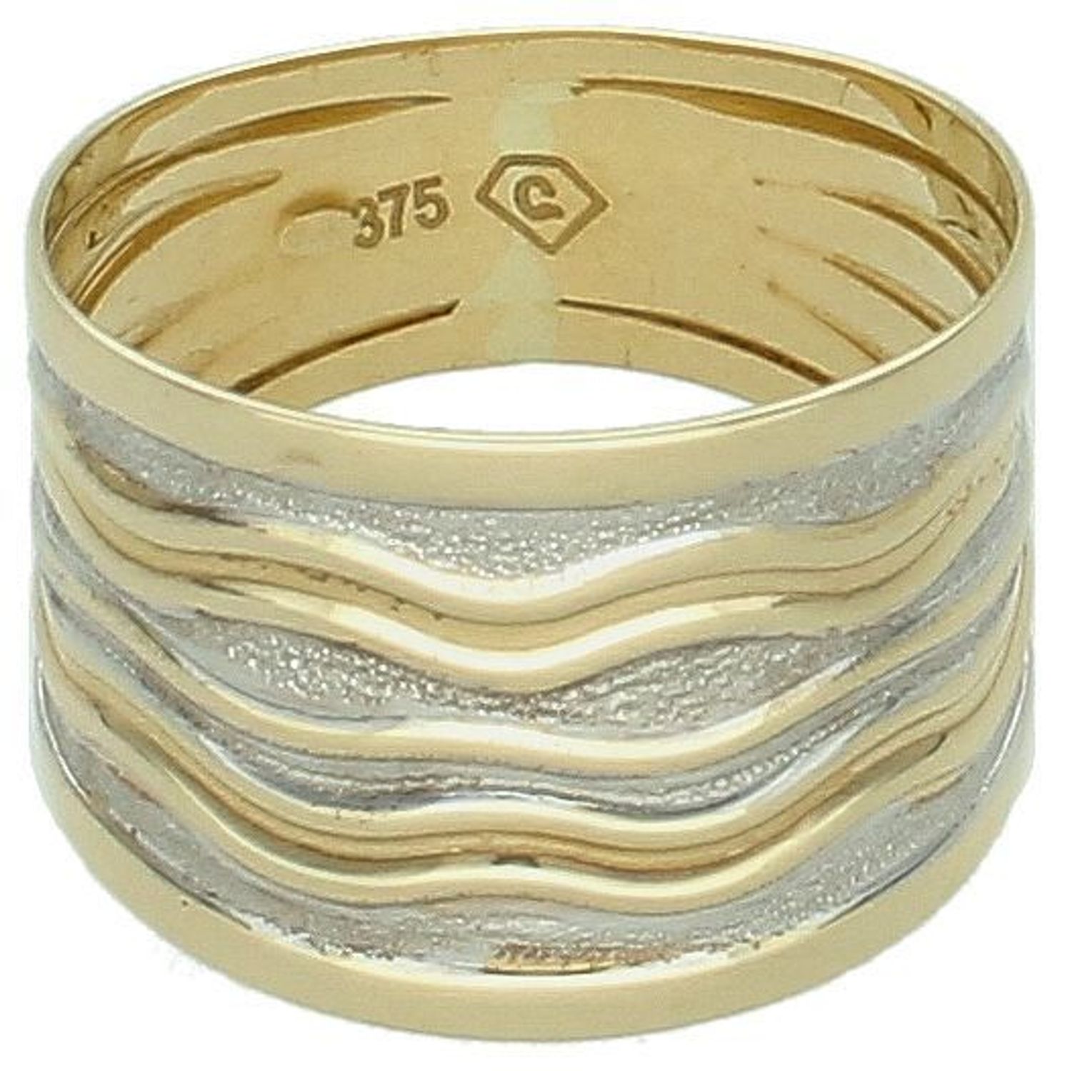 Pierścionek złoty zdobiony białym złotem PI 874 375 Pierścionek wykonany z żółtego 9 karatowego złota o charakterystycznej formie. Złote pierścionki 375 idealne na prezent. Damski złoty pierścionek  2.jpg